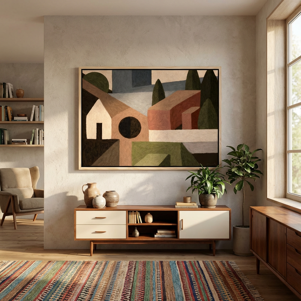 A modern living room corner with a framed abstract landscape painting, a wooden and white sideboard, decorative pottery, plants, a colorful striped rug, a large window with natural light, and a beige armchair with built-in bookshelves in the background.