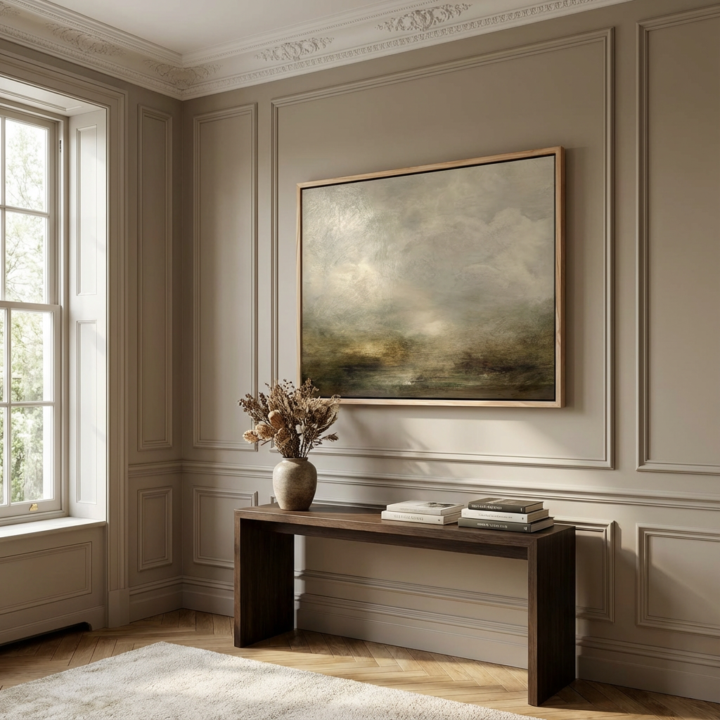 A cozy corner of a room with beige walls, white crown molding, and a large window letting in natural light. There is a dark wooden console table against the wall with a vase of dried flowers and several stacked books. A soft, light-colored rug is on the wooden floor, and a large abstract landscape painting hangs above the table.
