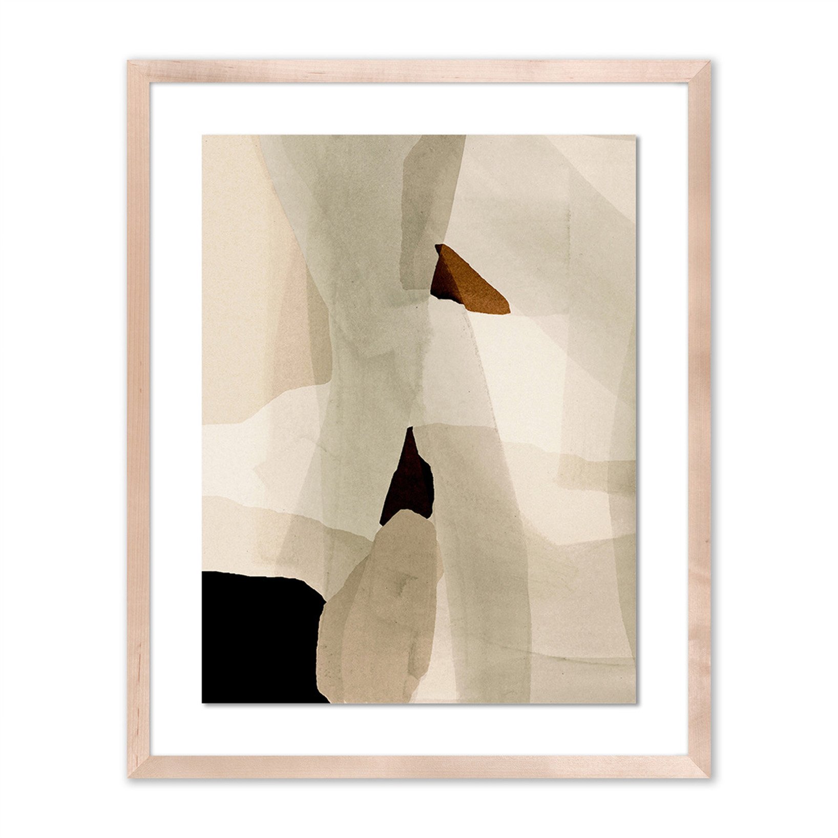 Abstract watercolor painting with beige, brown, black, and cream tones, framed with a light wood border.