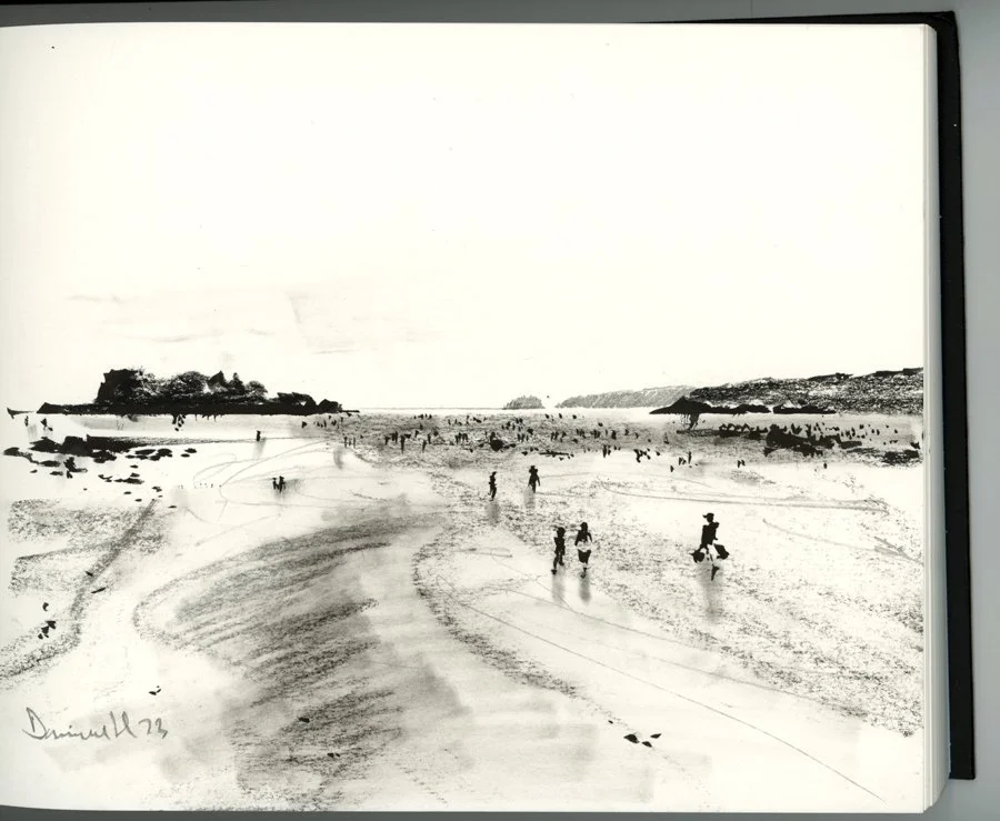 Black and white painting of a coastal scene with people walking on the beach, some near the water, with a landmass and trees in the distance.
