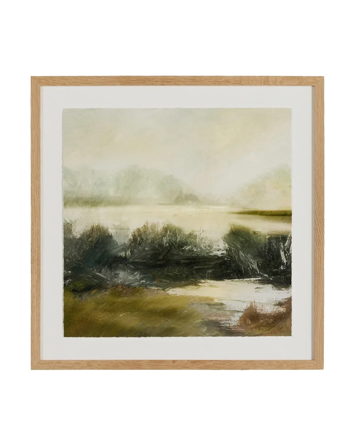 Landscape painting of a misty, greenish river or lake with trees in the background, brushed in an abstract style.