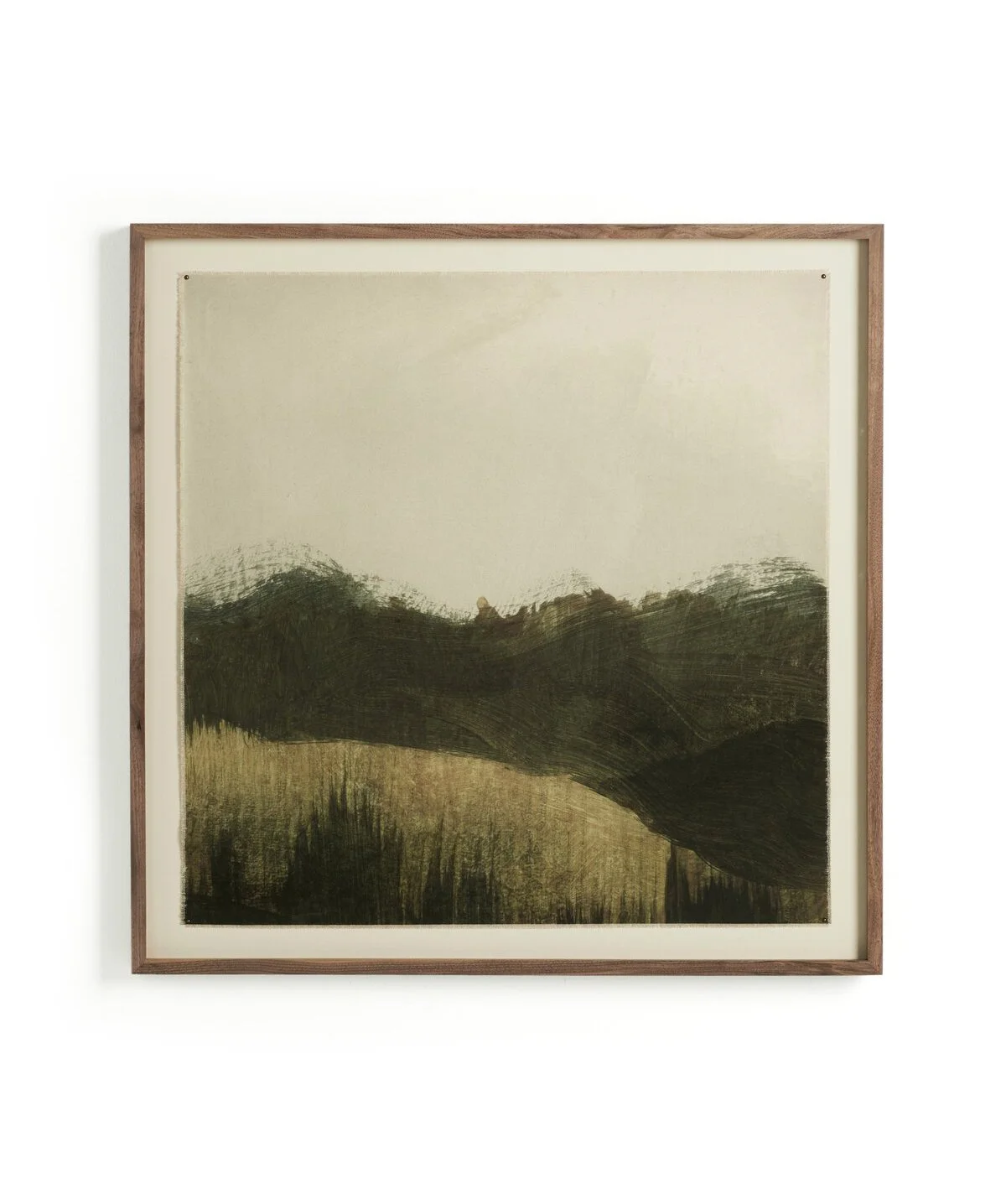 Abstract landscape painting with green and black brushstrokes in a wooden frame