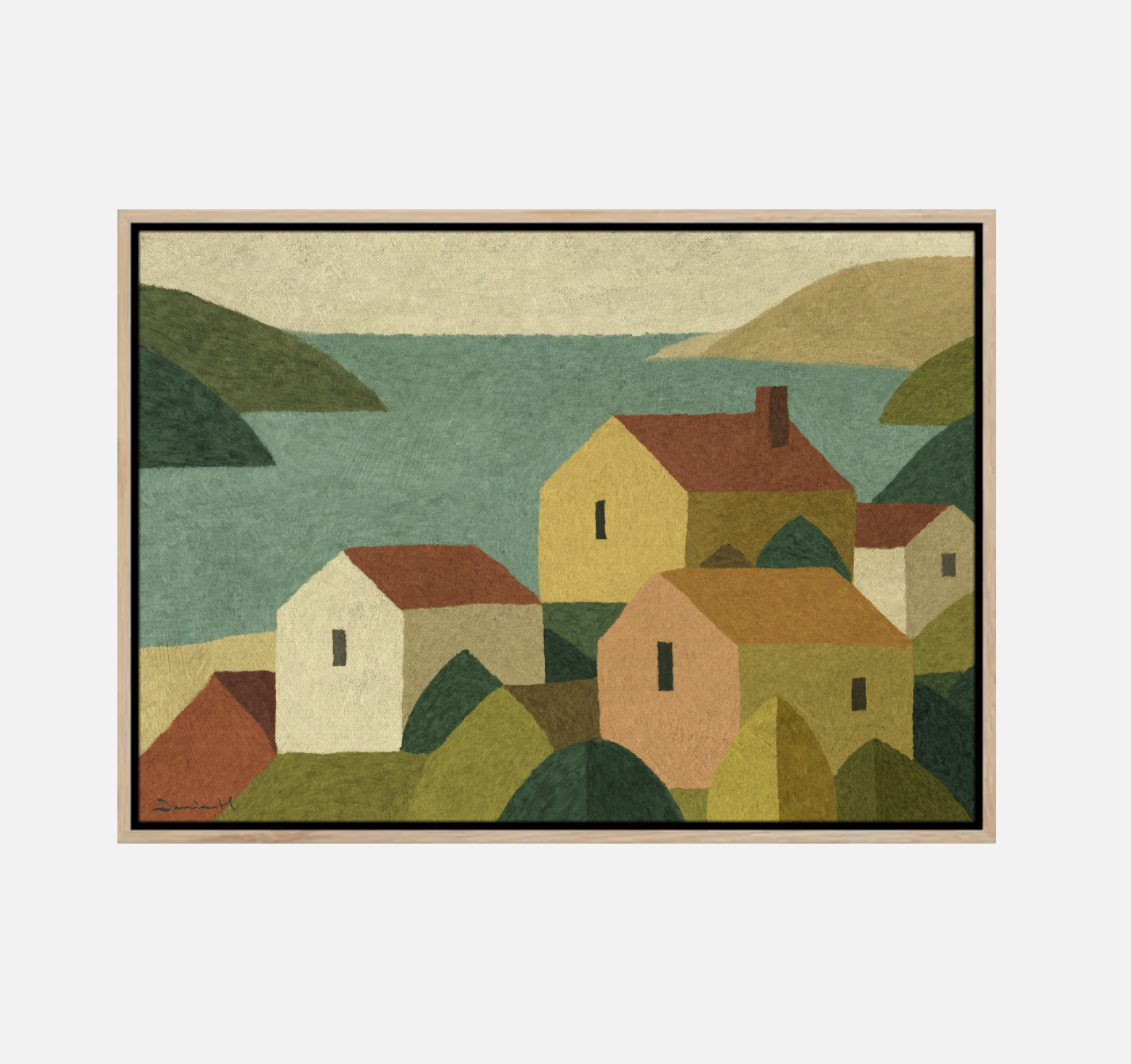 A colorful painting of a seaside village with houses on a hillside near a body of water and distant hills in the background.