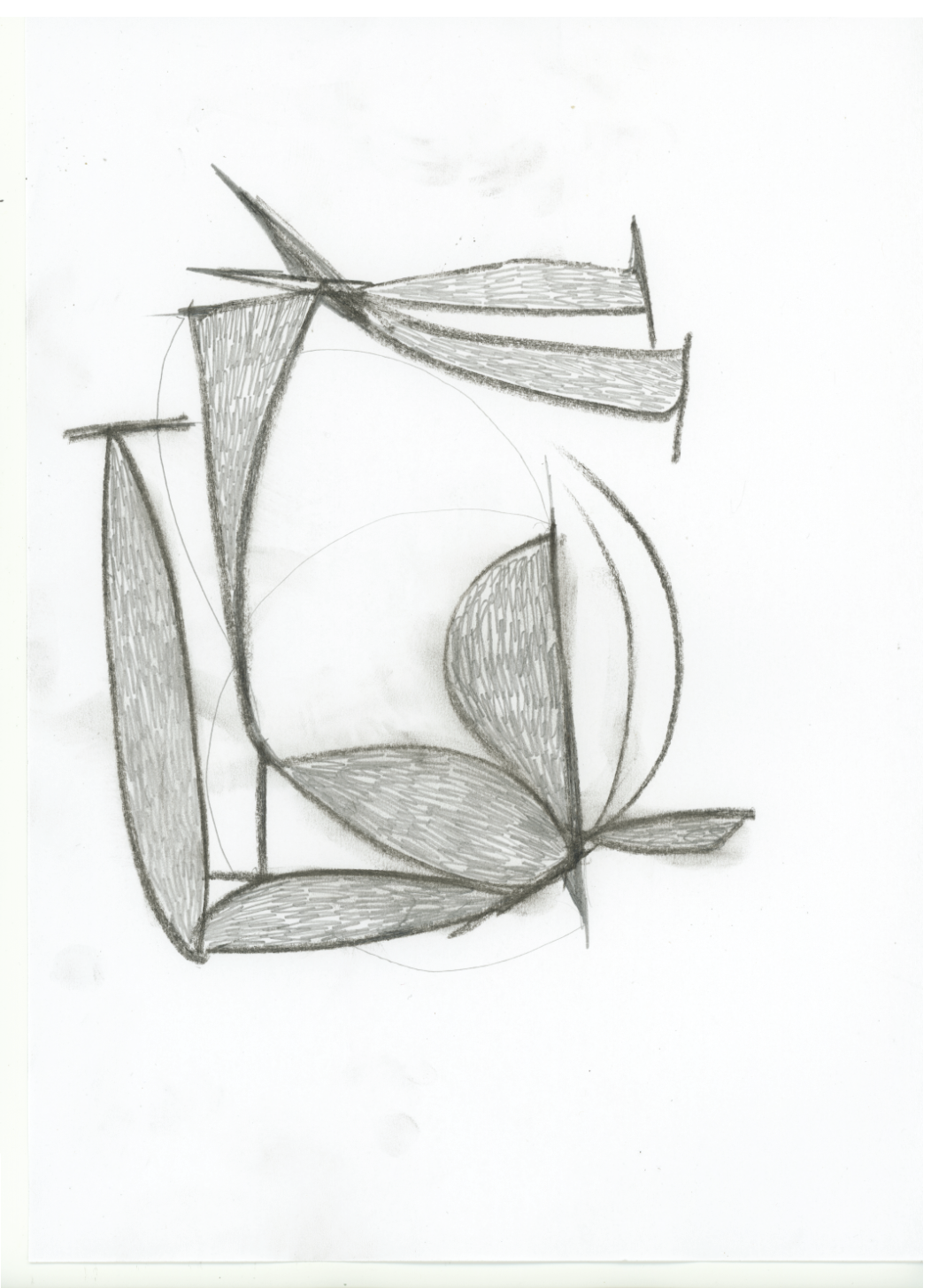 A pencil sketch of abstract geometric shapes consisting of curved and straight lines, with shaded areas creating depth.
