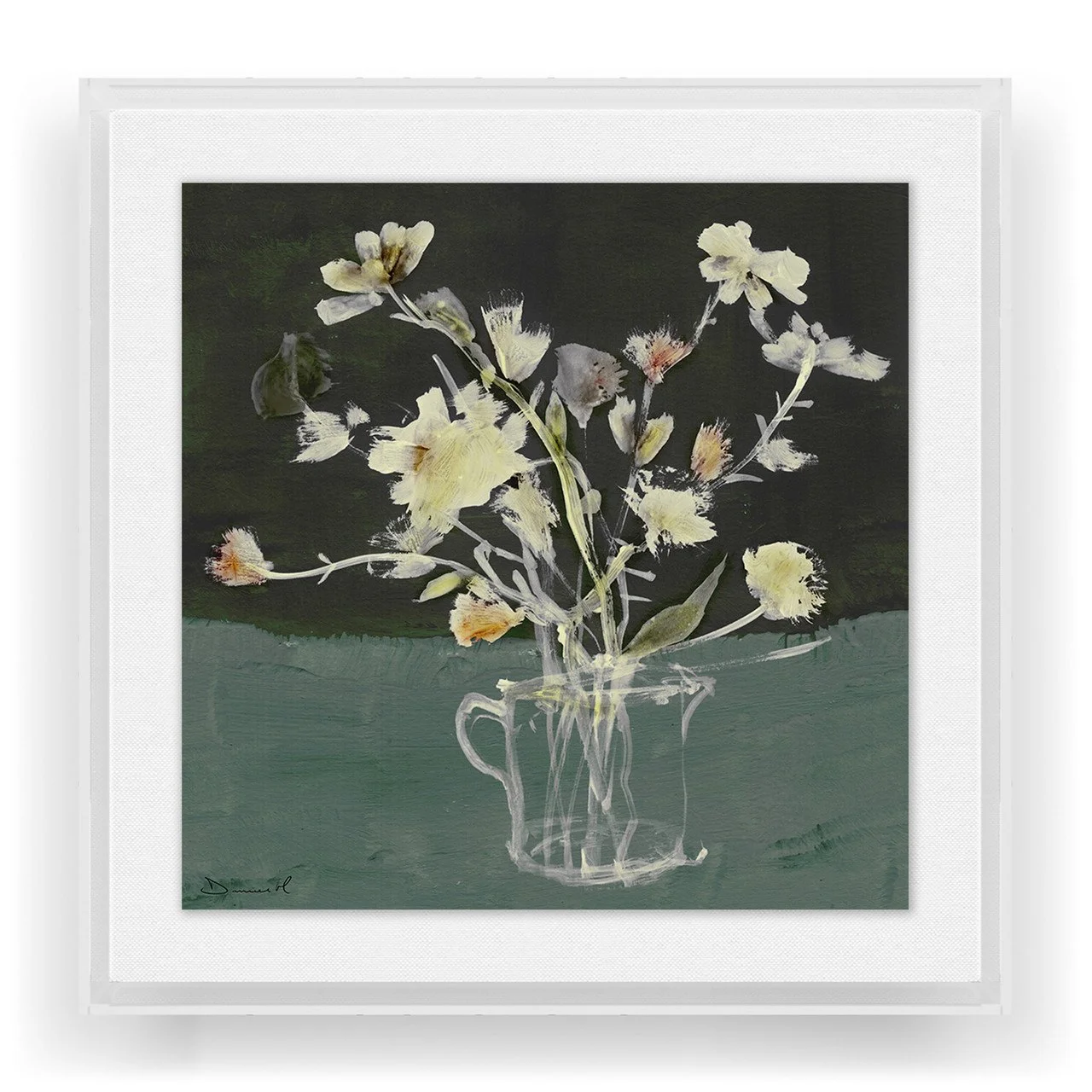 Abstract painting of white flowers in a transparent vase on a dark background.