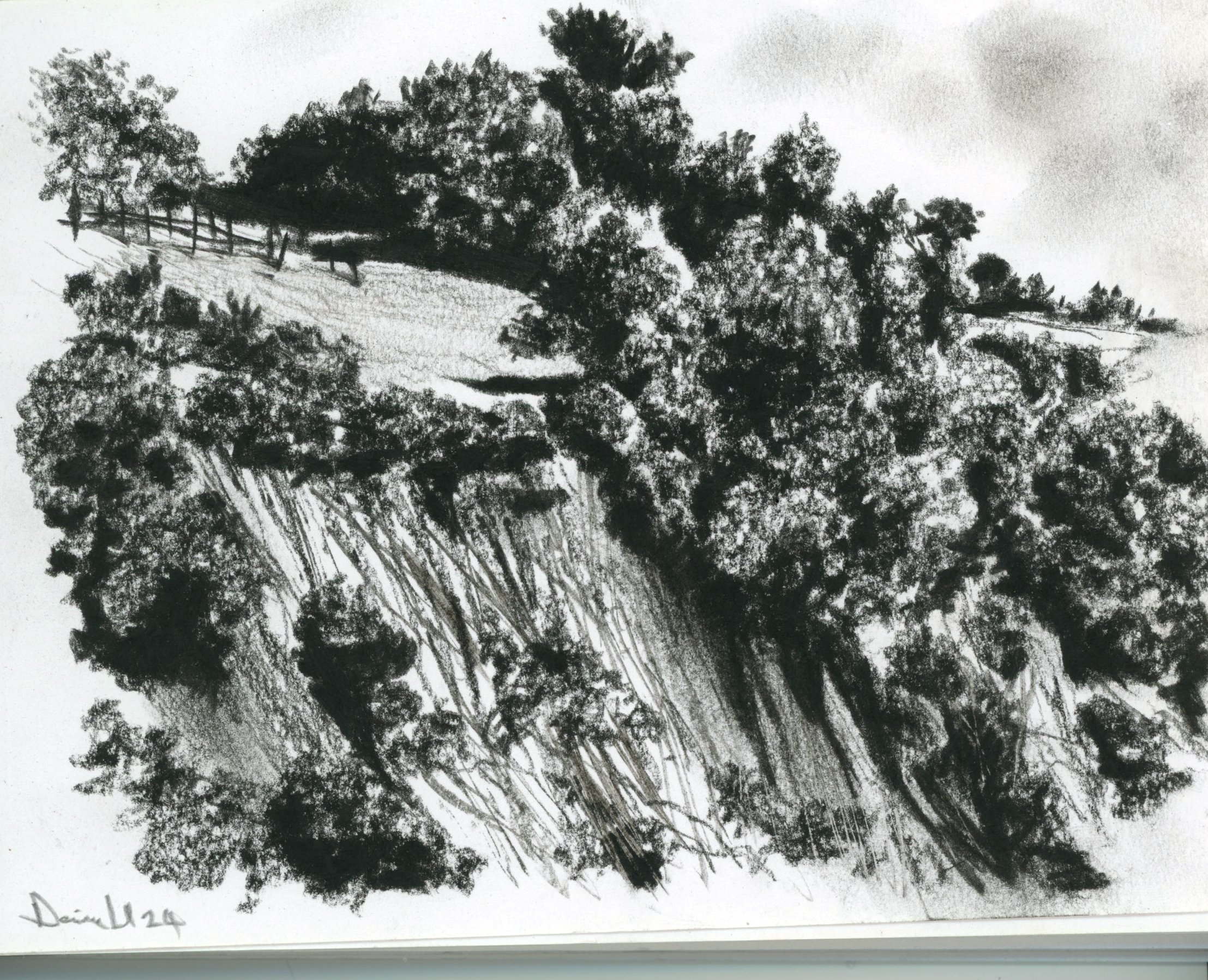 Black and white drawing of a rural landscape with trees, a hillside, a fence, and a person walking along a dirt path.
