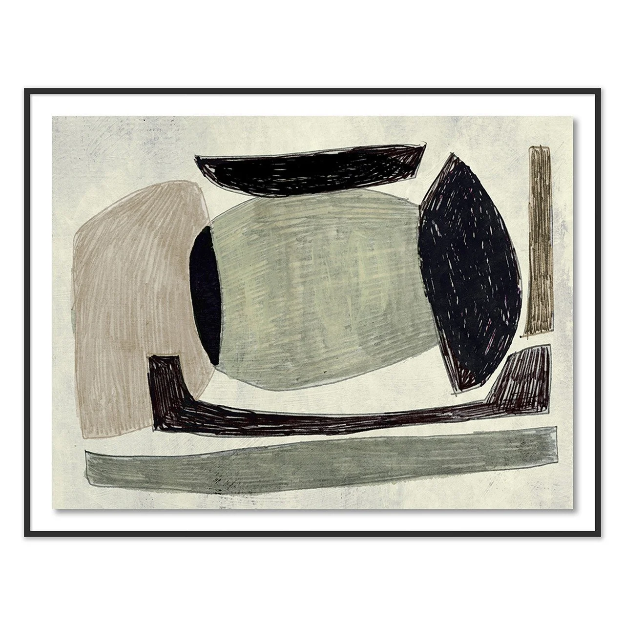 Abstract modern art painting with geometric shapes in shades of beige, black, gray, and brown.