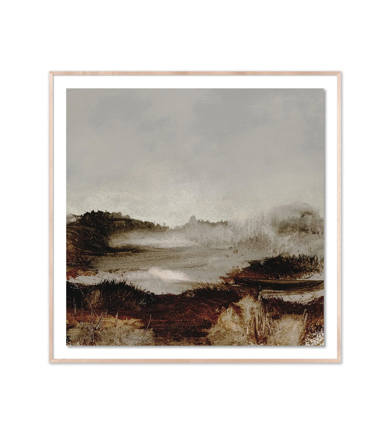 Landscape painting depicting a foggy marshland with tall grass and distant hills under an overcast sky.