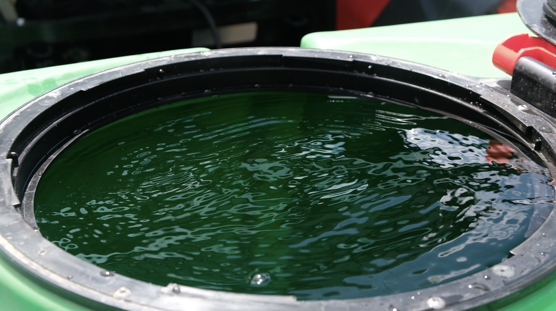 A black and green container filled with dark green water, with some ripples on the surface.