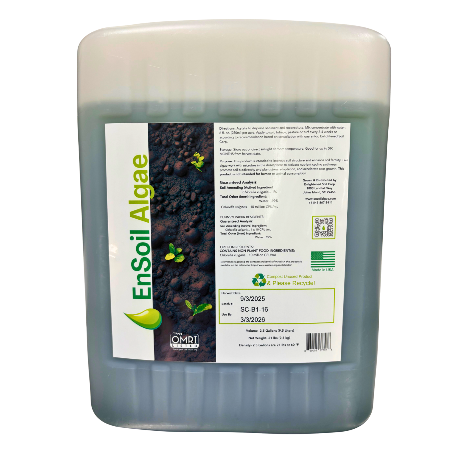 Container of soil, labeled 'Ensoil Algae', with a white and green label showing algae and plant graphics, text descriptions, and recycling symbols, indicating it is an organic soil amendment product.