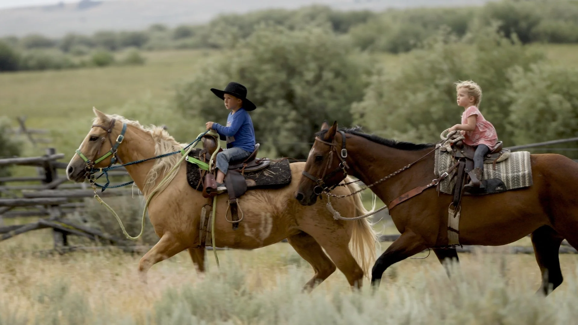 Two children riding horses through a grassy field with a wooden fence and trees in the background.