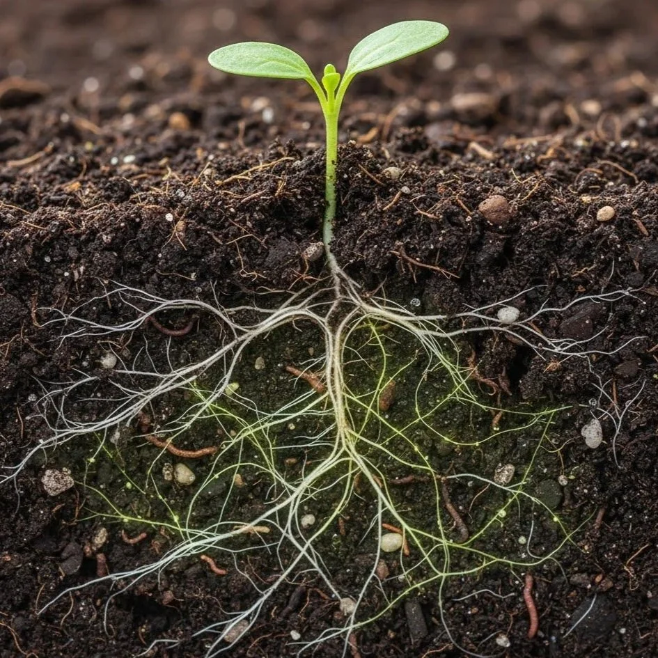 A young green seedling sprouting from soil, with visible roots extending underground.