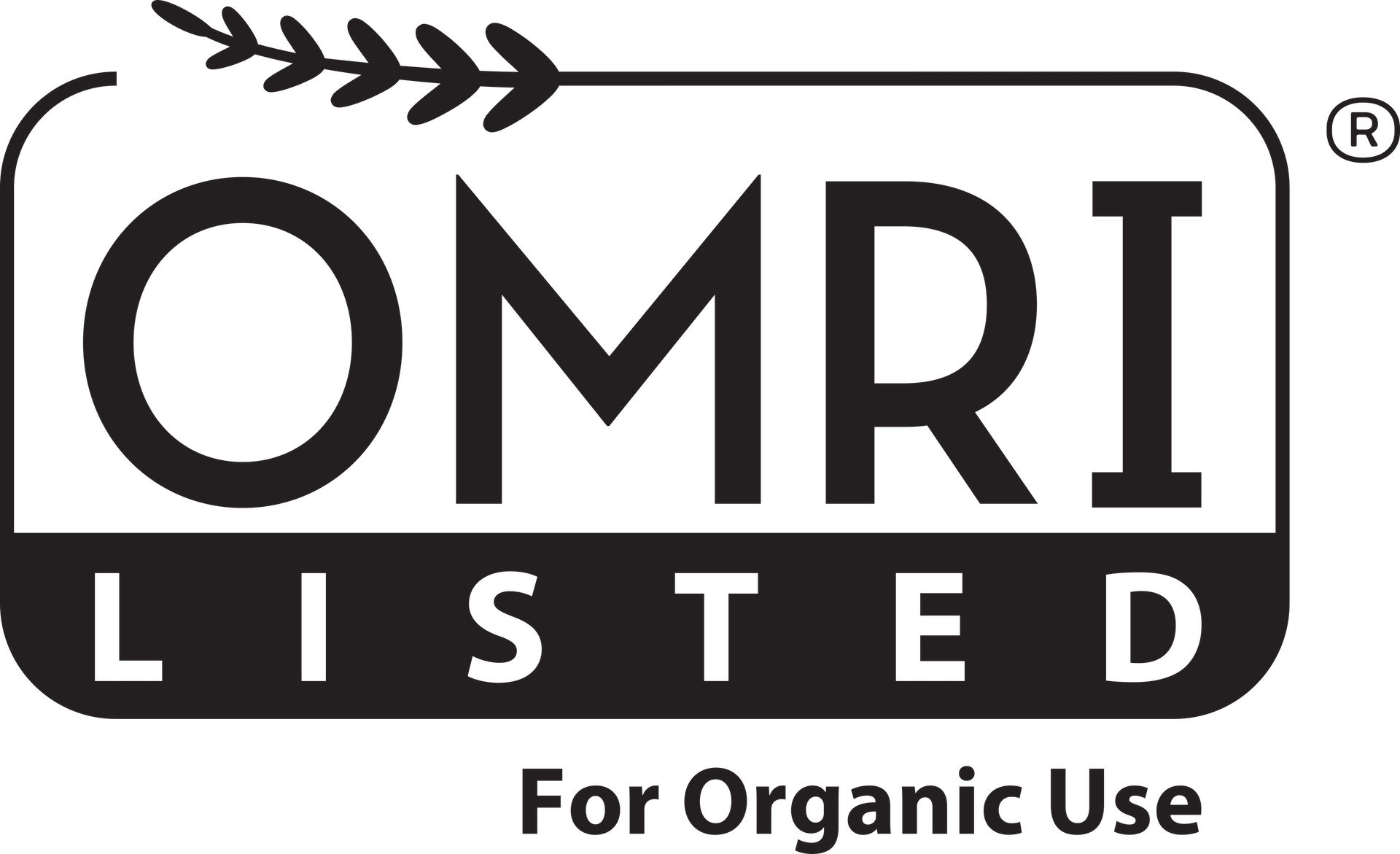 OMRI Listed for Organic Use logo with a black rectangular shape, a wheat stalk on top, and text indicating certification for organic products.