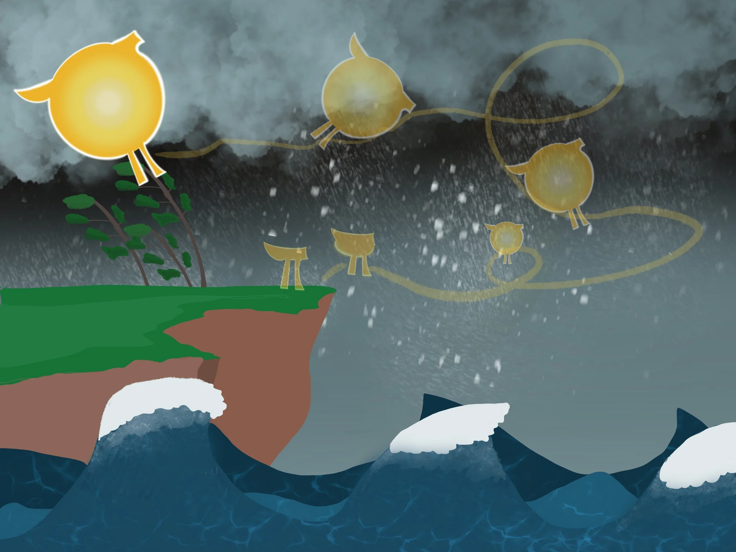Illustration of a cliff with green grass and brown earth, overlooking dark stormy ocean waves, with yellow glowing creatures flying in the stormy sky above.