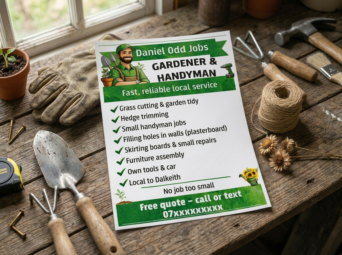 Flyer promoting gardening and handyman services