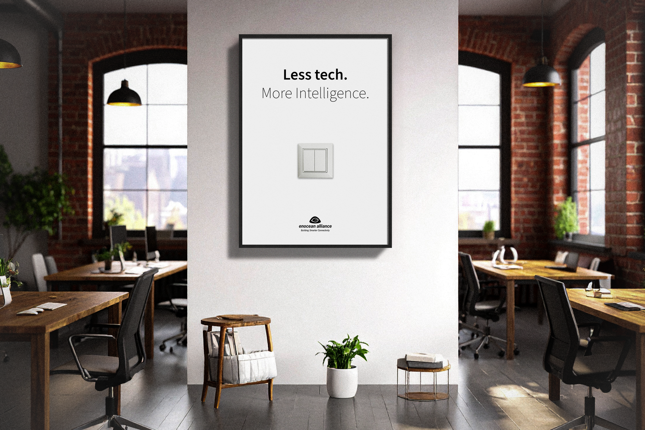 Modern office interior with sustainability poster