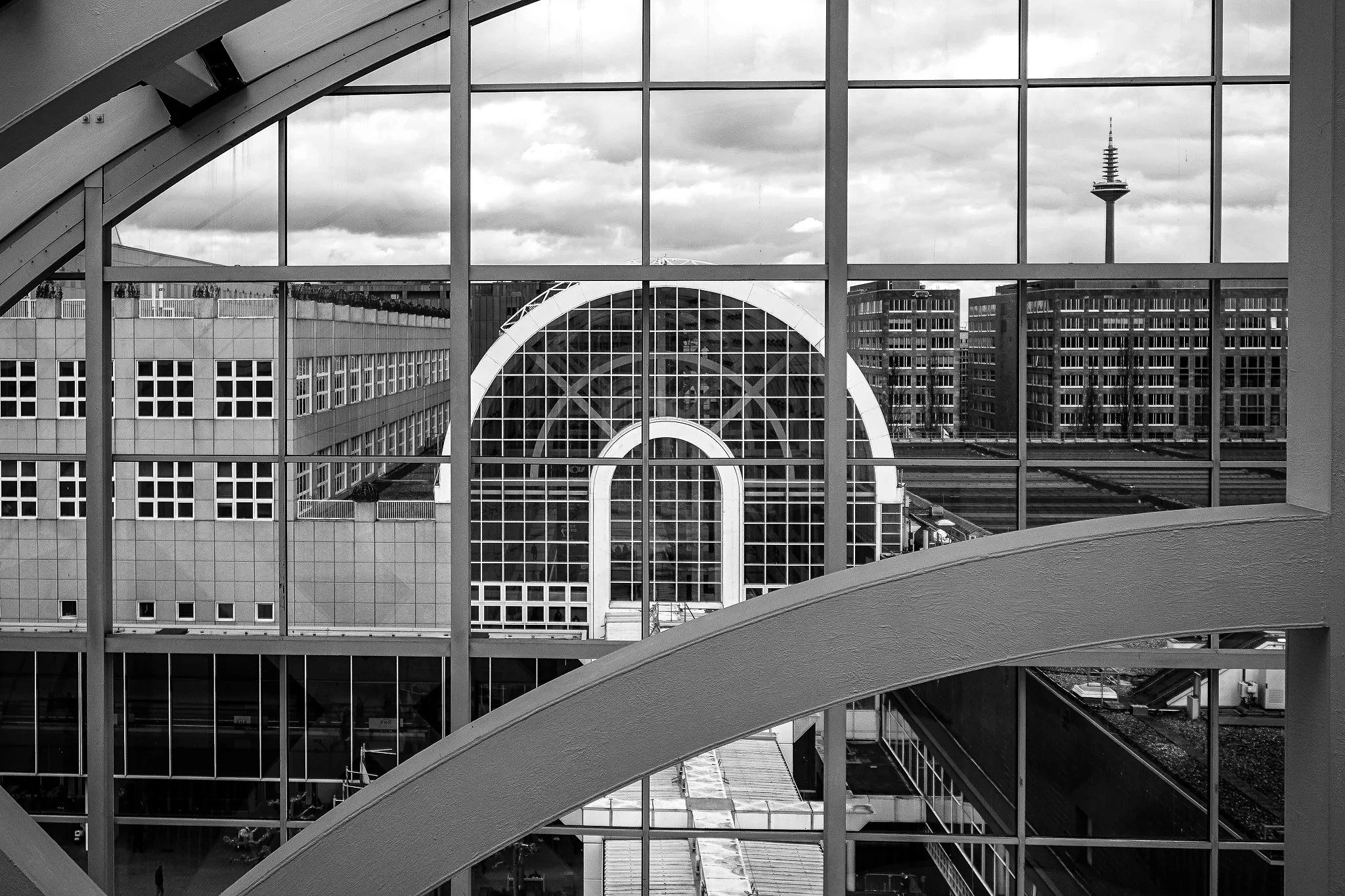 Modern building architecture through glass structure Frankfurt Messe