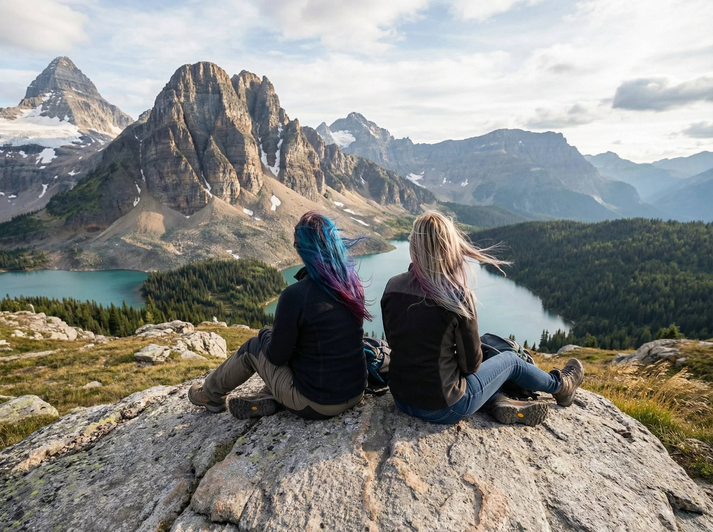 Two women overlooking mountain landscape during travel