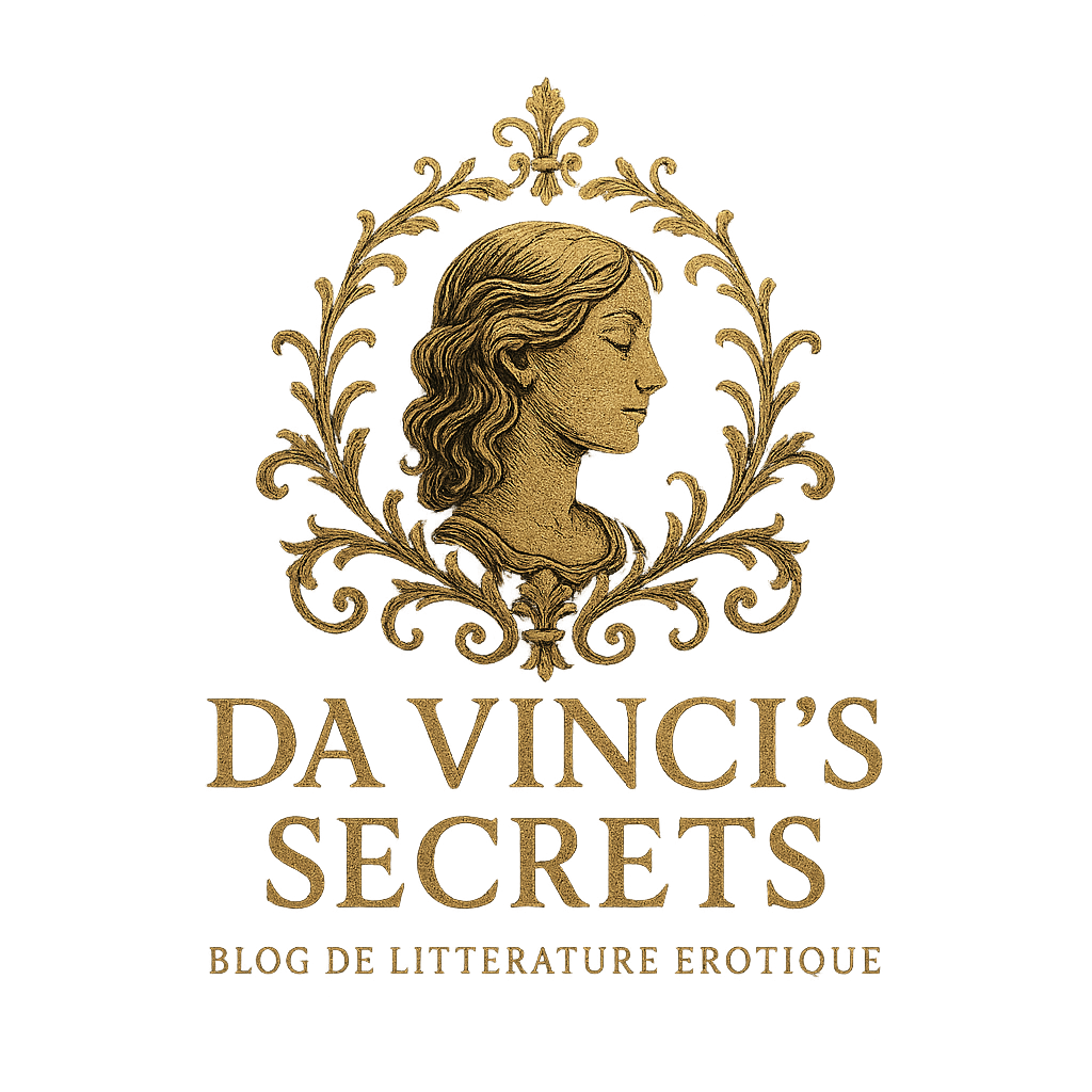 Logo doré représentant une femme de profil entourée de détails ornés, avec le texte "Da Vinci's Secrets" et "Blog de littérature érotique" en dessous.