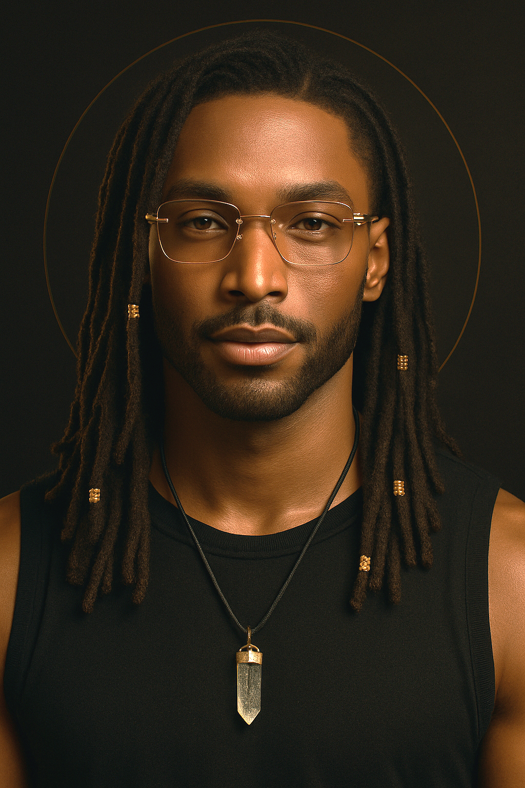 A person with long dreadlocks, glasses, and a necklace with a crystal pendant, posing against a dark background with a faint circular golden outline.