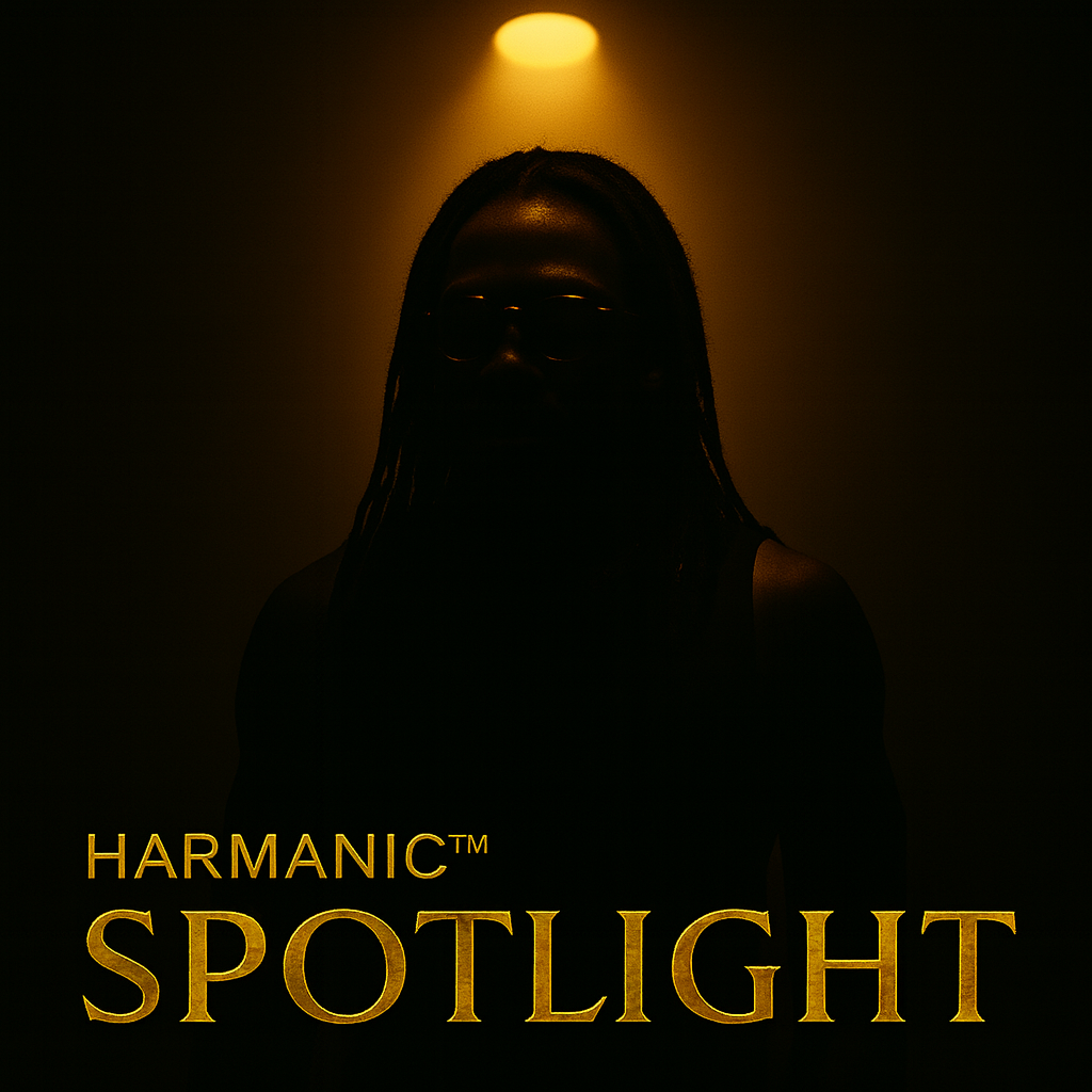 A silhouette of a person with glasses, standing in front of a dark background with a warm yellow spotlight shining above, accompanied by the text 'HARMANIC SPOTLIGHT' in gold at the bottom.
