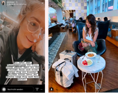 Zwei Frauen in einem modernen Café, eine sitzt an einem kleinen weißen Tisch mit Snacks, die andere macht ein Selfie in der Nähe eines Fensters.