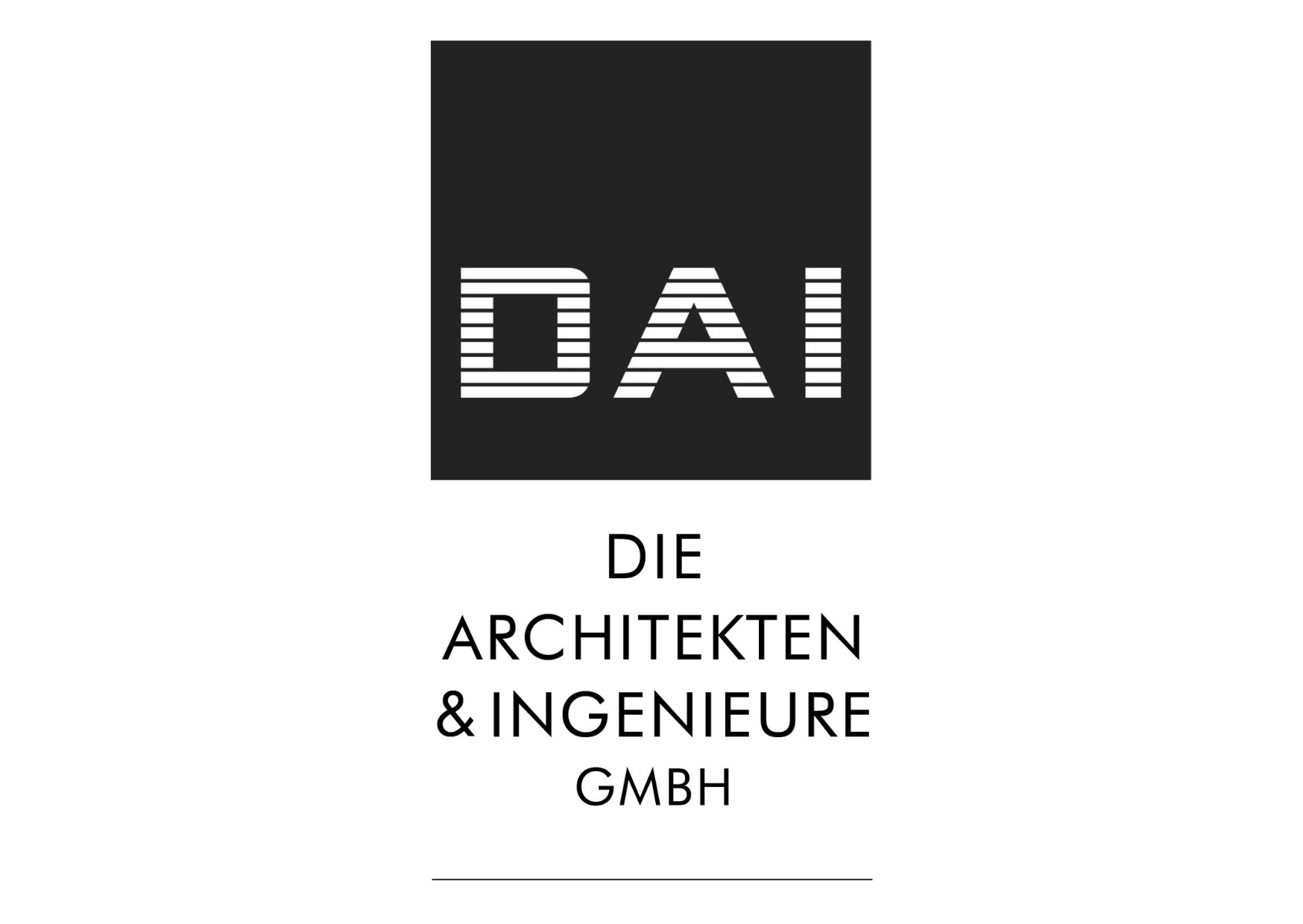 Logo mit schwarzen Hintergrund und weißen horizontal gestreckten Buchstaben 'DAI'. Darunter in schwarzer Schrift 'Die Architekten & Ingenieure GmbH'.