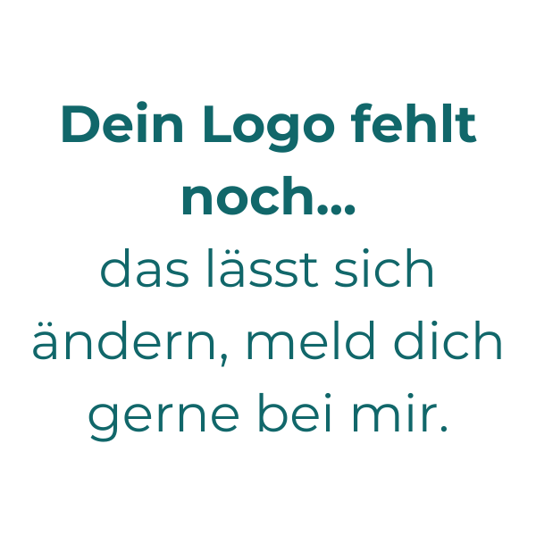 Das Bild enthält einen schwarzen Hintergrund mit weißem und aquafarbendem Text, der sagt: 'Dein Logo fehlt noch... das lässt sich ändern, meld dich gerne bei mir.'