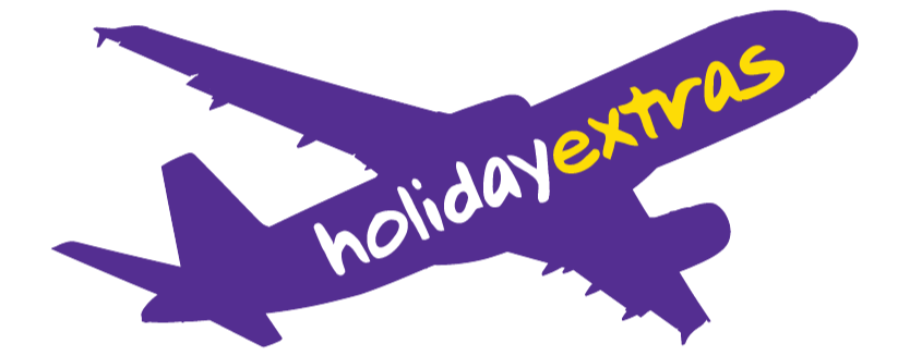 Logo von Holiday Extras mit einem stilisierten Flugzeug in lila und gelben Buchstaben