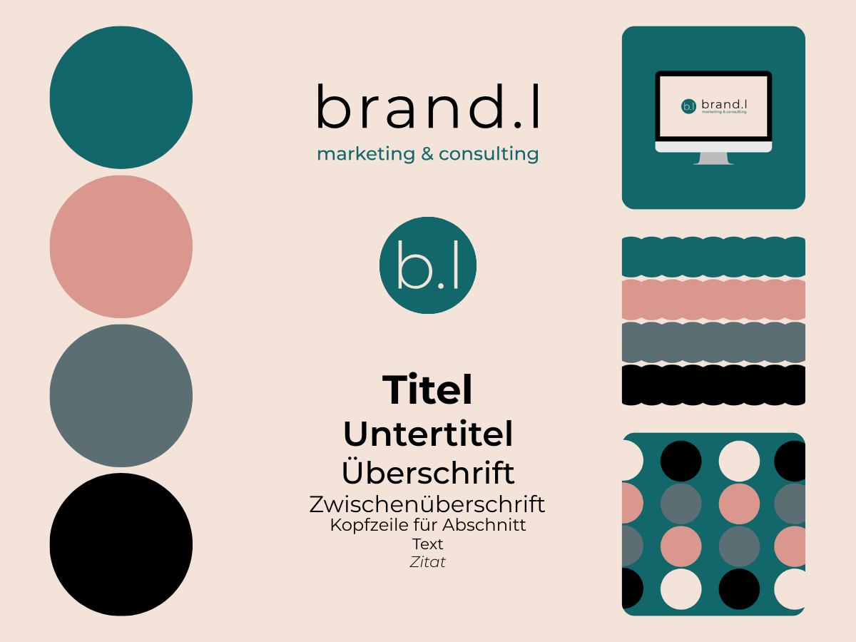 Eine grafische Präsentationsvorlage mit verschiedenen Farbmustern und Textfeldern, die für ein Marketing- oder Beratungsunternehmen namens "brand.l" entworfen wurde.