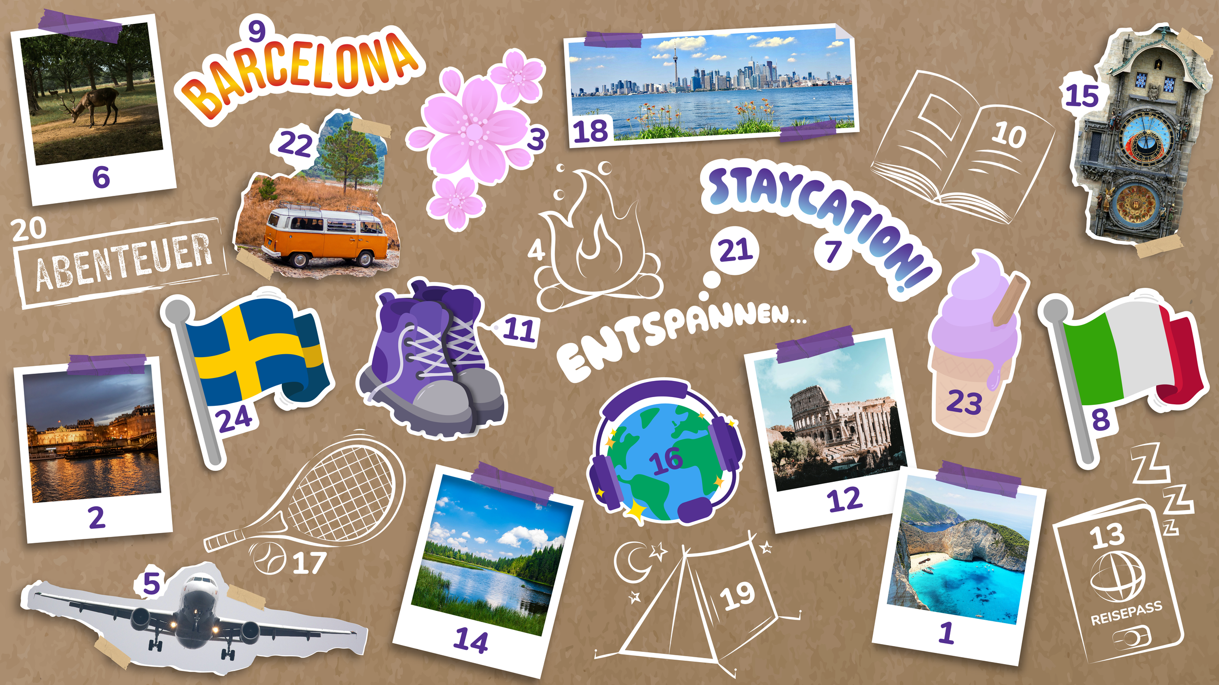 Eine Collage mit Bildern, Symbolen und Texten, die verschiedene Aktivitäten und Sehenswürdigkeiten in Barcelona zeigen, inklusive Stadtansichten, Strand, Camping, Wanderschuhe, Boots, Flugzeug, Zug, Kaffeetasse, Eis, Landkarte, Schriftzug, Flaggen, Campingtente, Schlafende, und andere Elemente.