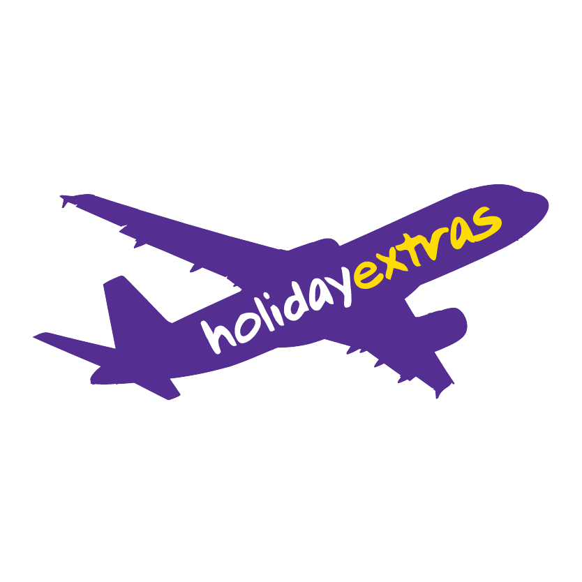 Ein Sticker in Form eines Flugzeugs, das in den Himmel fliegt, mit dem Text "holidayextras" in weiß und gelb auf lila Hintergrund.
