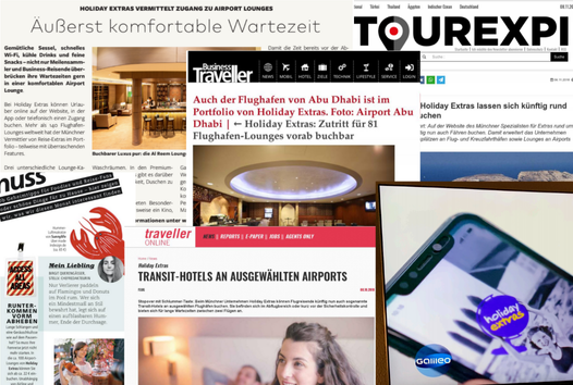 A collage of various magazine pages and articles in German, featuring travel and airport lounge topics, with images of airport lounges, a smartphone, and other travel-related visuals.
