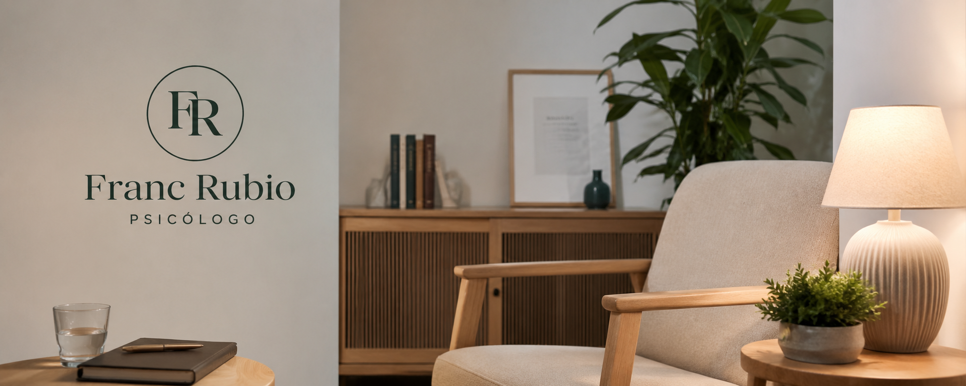 Interior de una oficina de psicólogos con una pared con el logo 'Franc Rubio Psicólogo', una silla beige, una lámpara de mesa, una planta, y una mesa con un cuaderno y un vaso con agua.