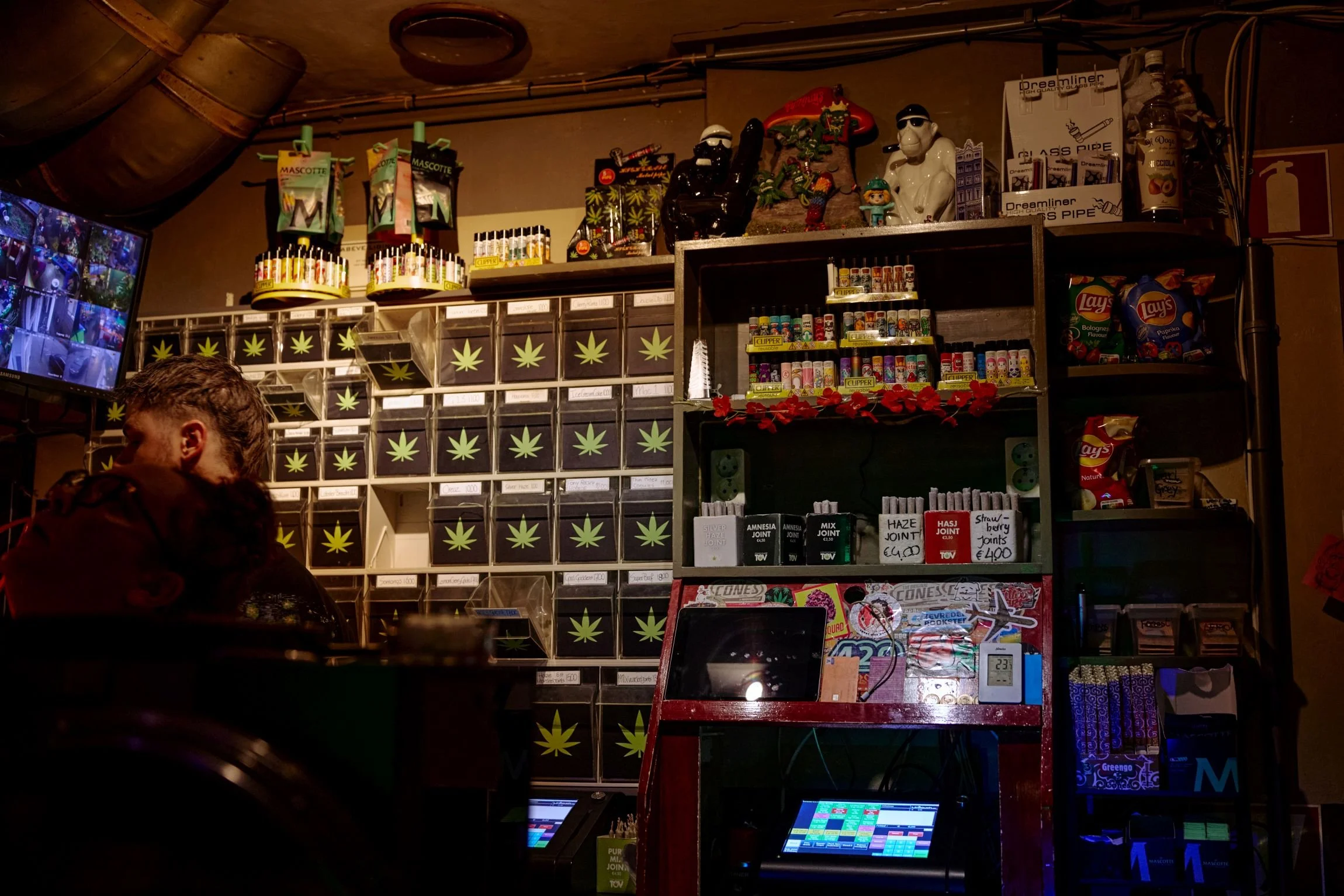 Binnen in een winkel met cannabisproducten en decoraties, inclusief cannabisbladeren op dozen en verschillende THC- en CBD-producten op planken.