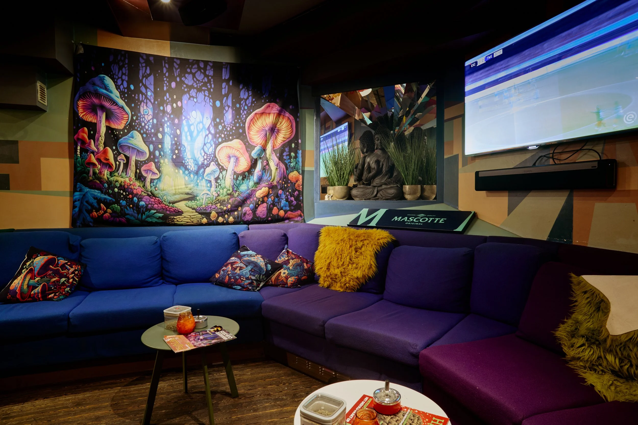 Kamer met een L-vormige bank in blauwe en paarse tinten, kleurrijke kussens, een tafel met snacks en drinken, een muur met een kleurrijk paddestoelenmuurkunstwerk, en een tv aan de muur.