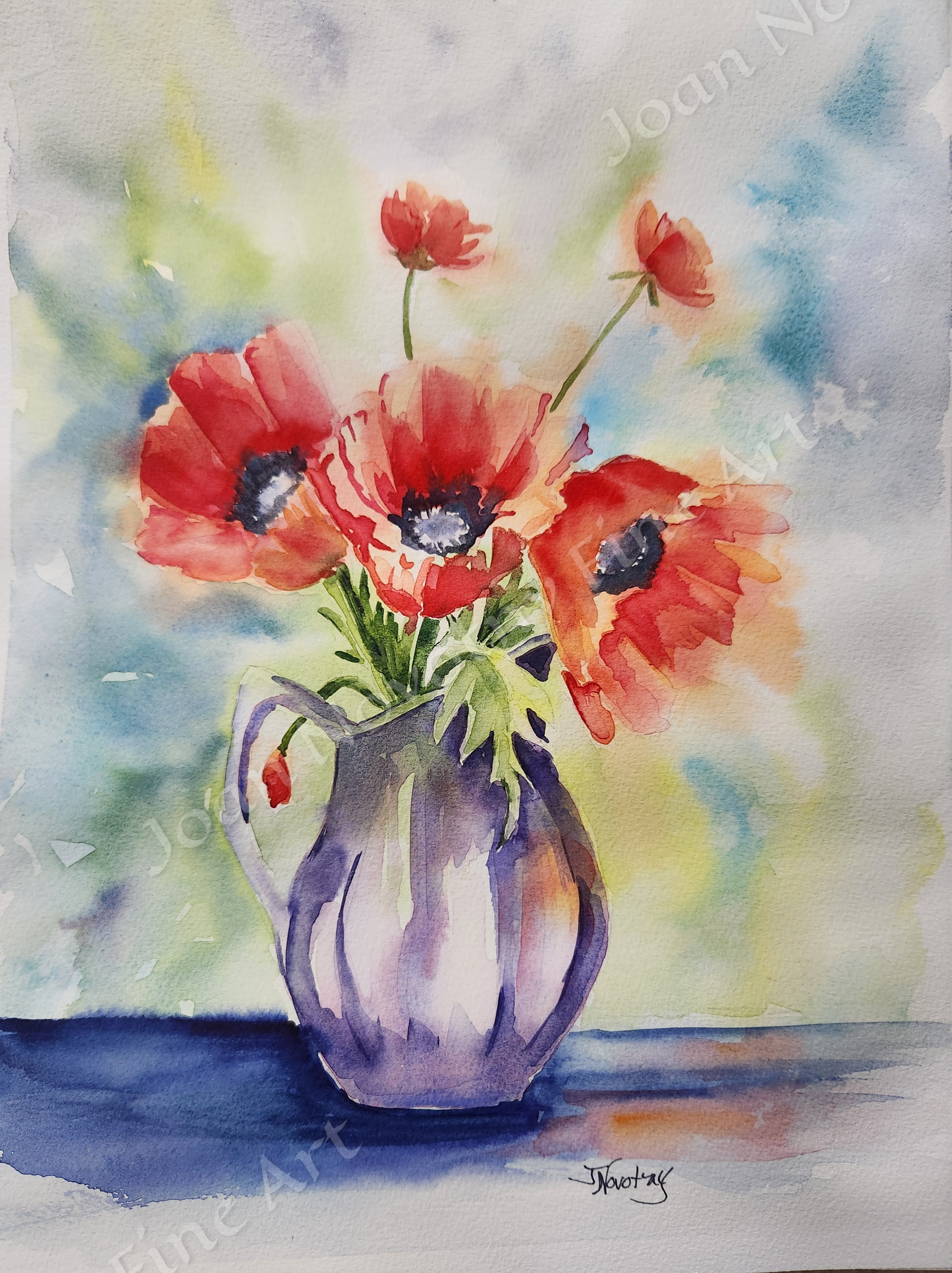 Watercolor painting of red poppies in a white vase on a blue table with a colorful background.