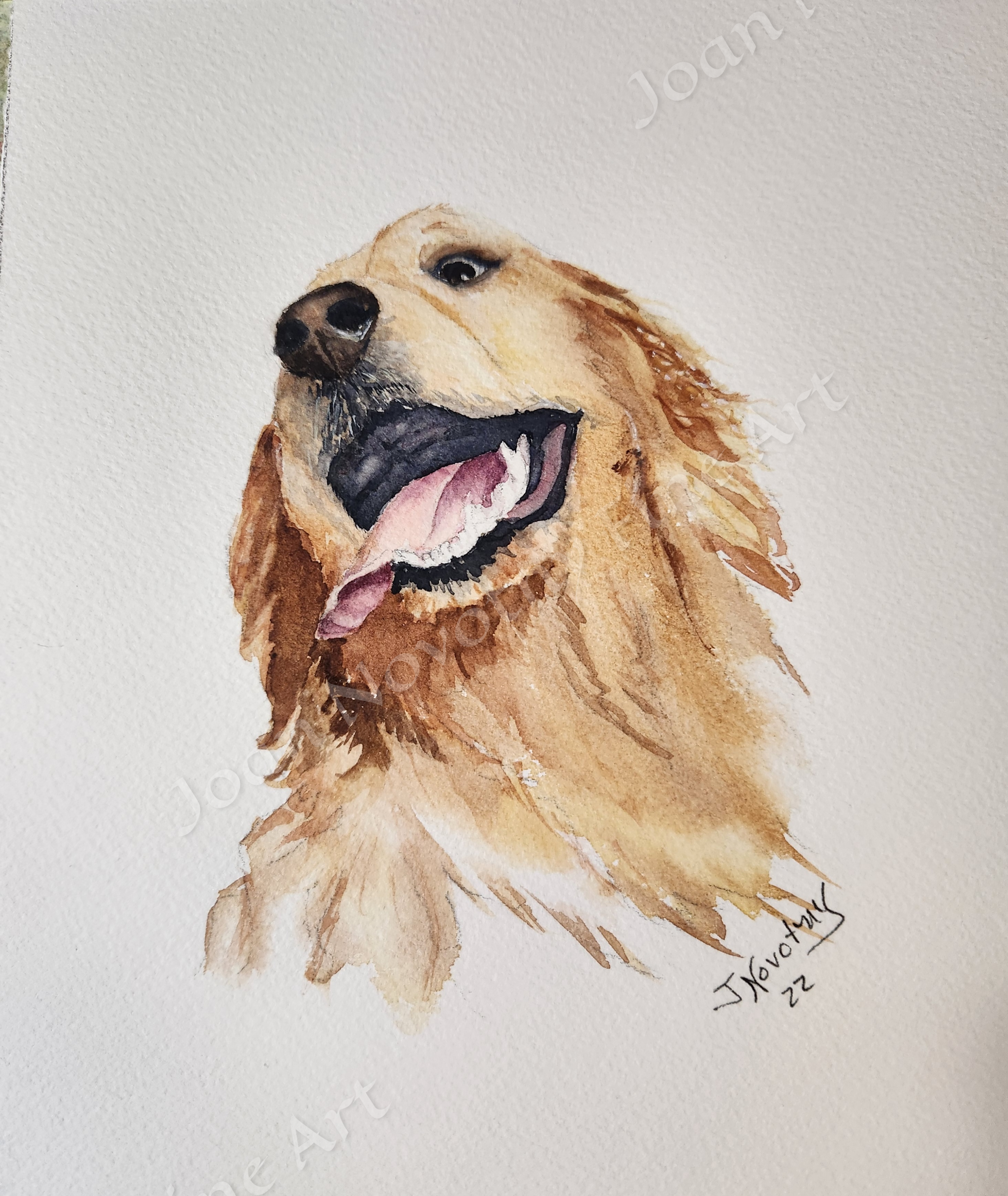 Watercolor painting of a golden retriever dog with its mouth open, tongue out, and eyes partially closed.