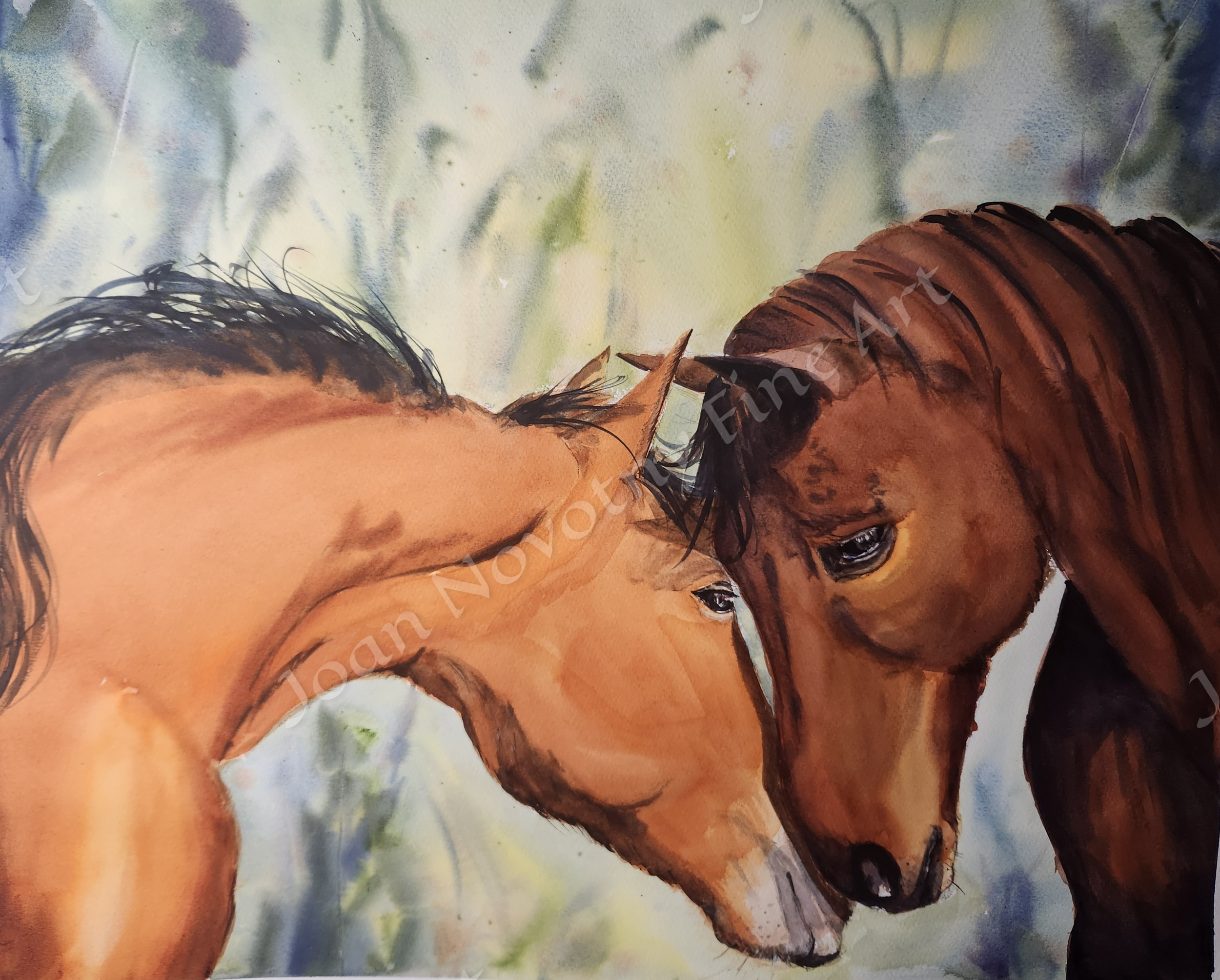 Watercolor painting of a close-up of a light brown horse and a dark brown horse touching foreheads against a blurred background of greenery.