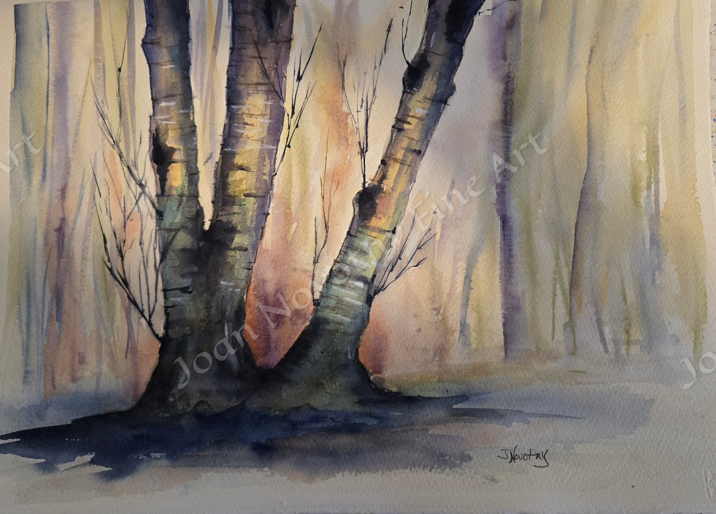Watercolor painting of a group of three birch trees with white and black bark, set against a muted background of vertical trees and soft warm tones.
