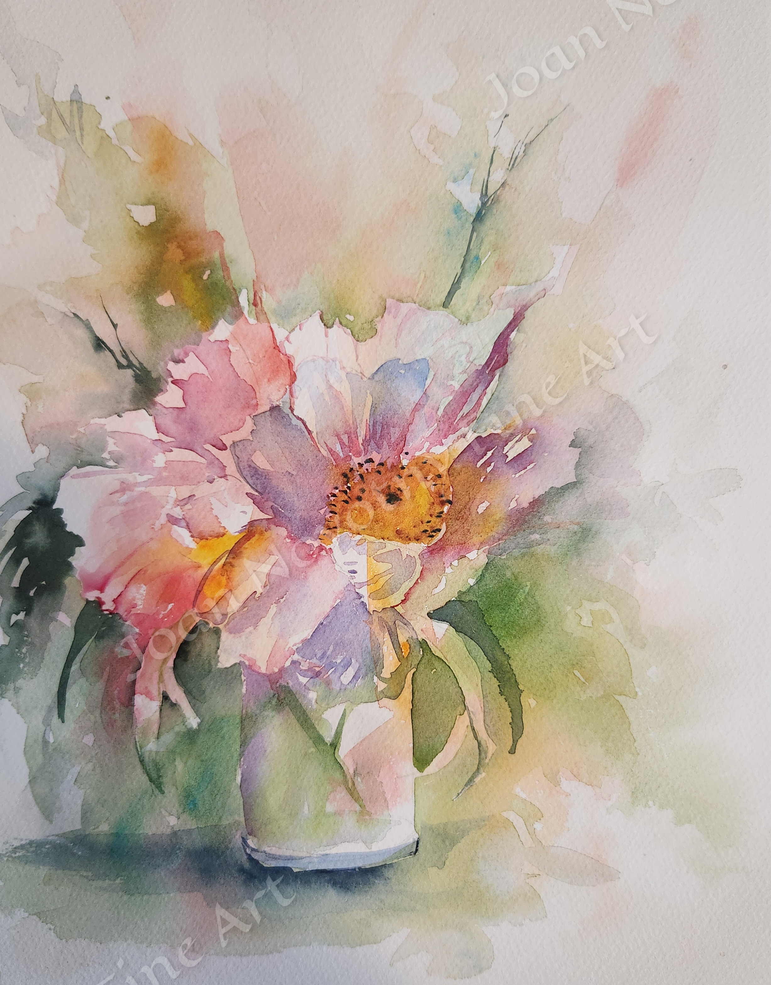 Watercolor painting of a pink flower in a glass vase, surrounded by green leaves.