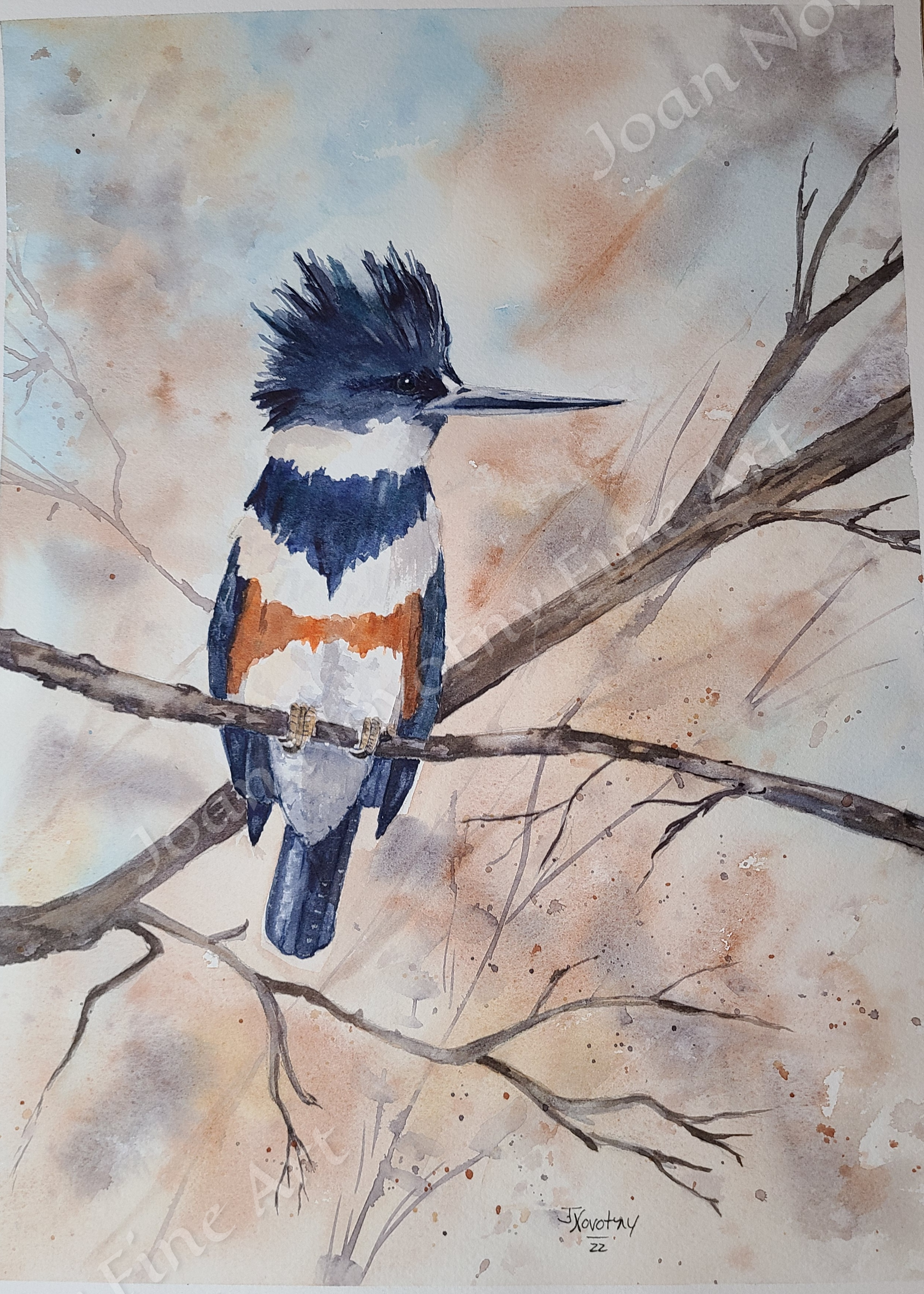 Watercolor painting of a Kingfisher bird perched on a leafless tree branch with a soft, abstract background in light browns and blues.