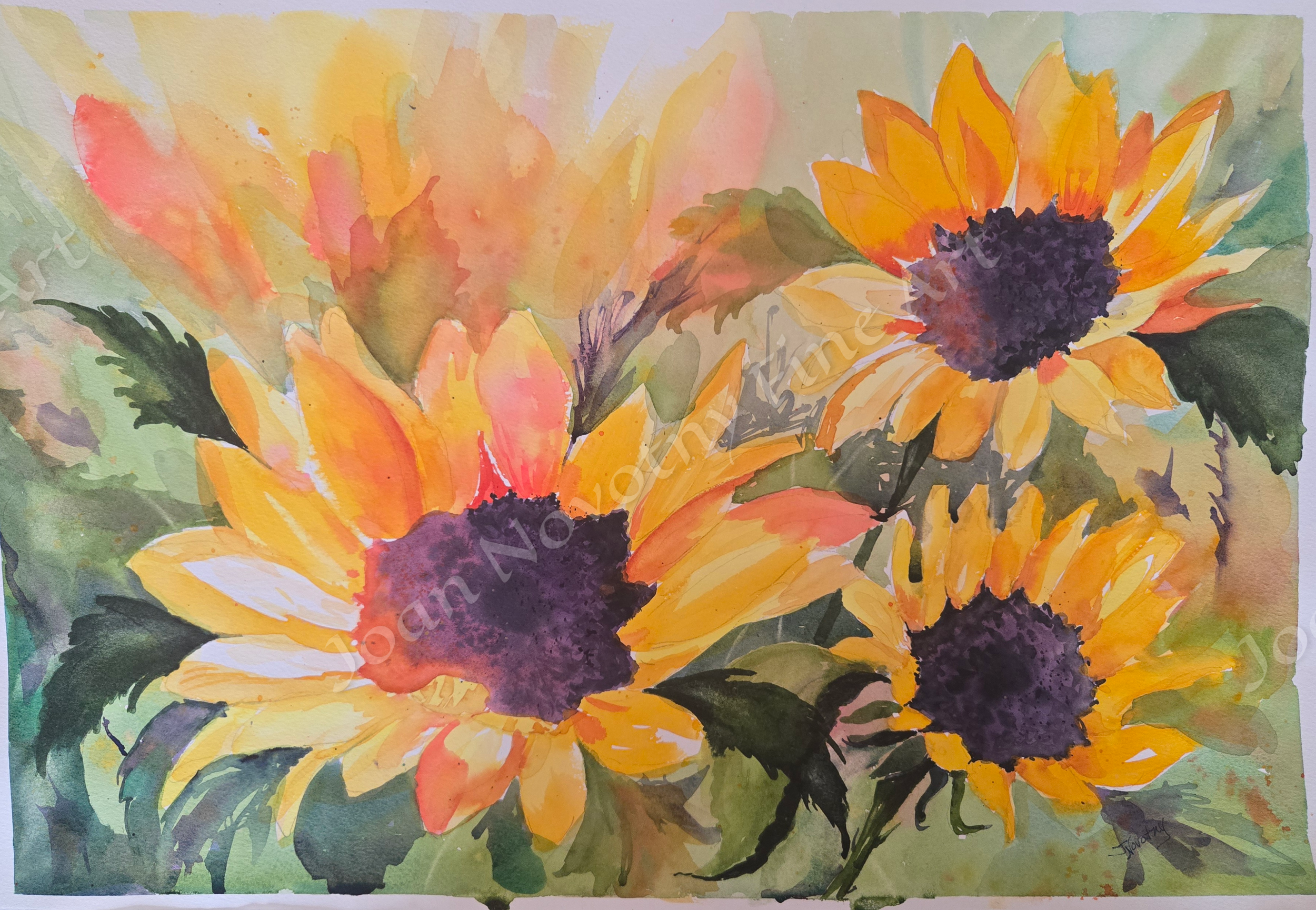 Watercolor painting of three large sunflowers with yellow petals and dark purple centers, surrounded by green leaves and abstract background in soft warm colors.