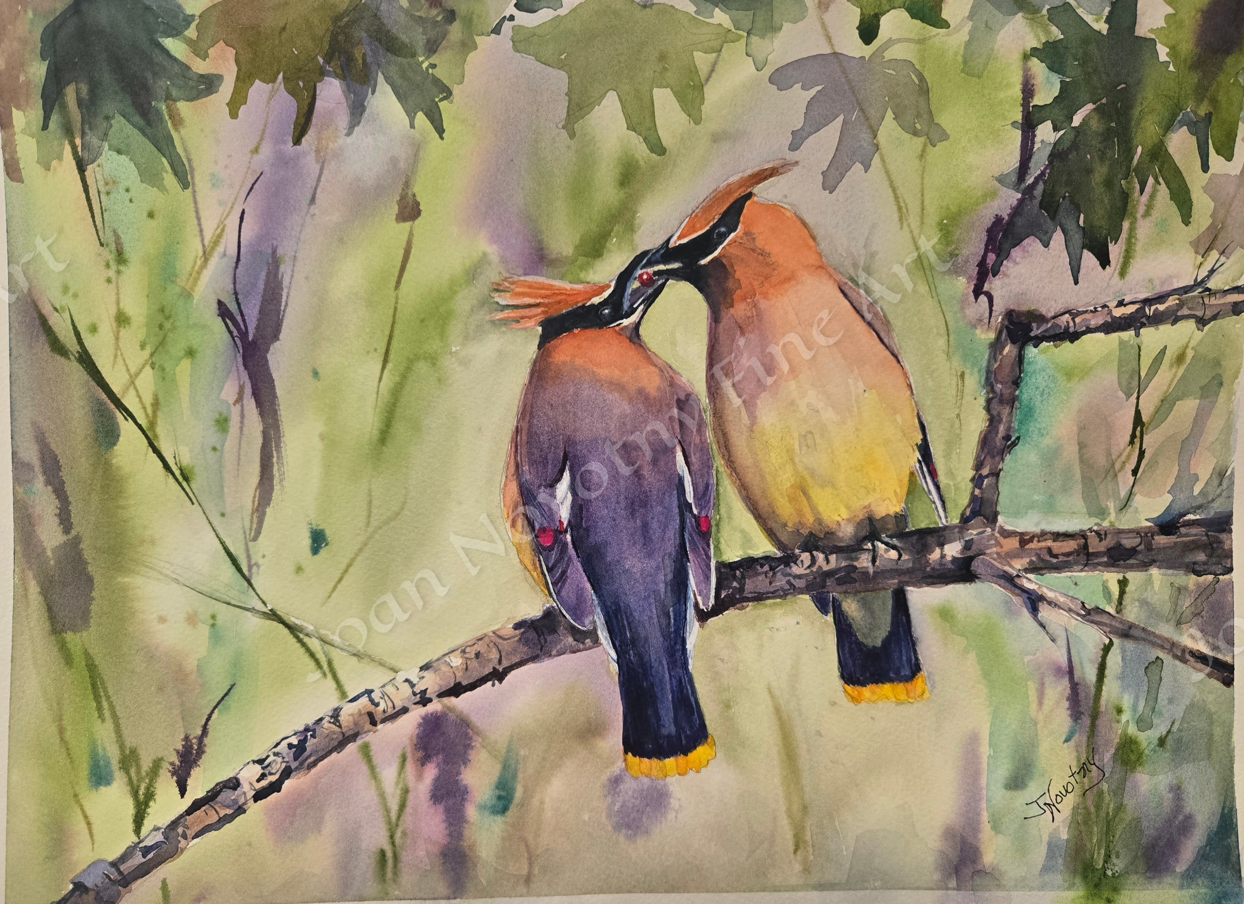 Watercolor painting of two cedar waxwings perched on a branch, touching beaks, with green foliage in background.