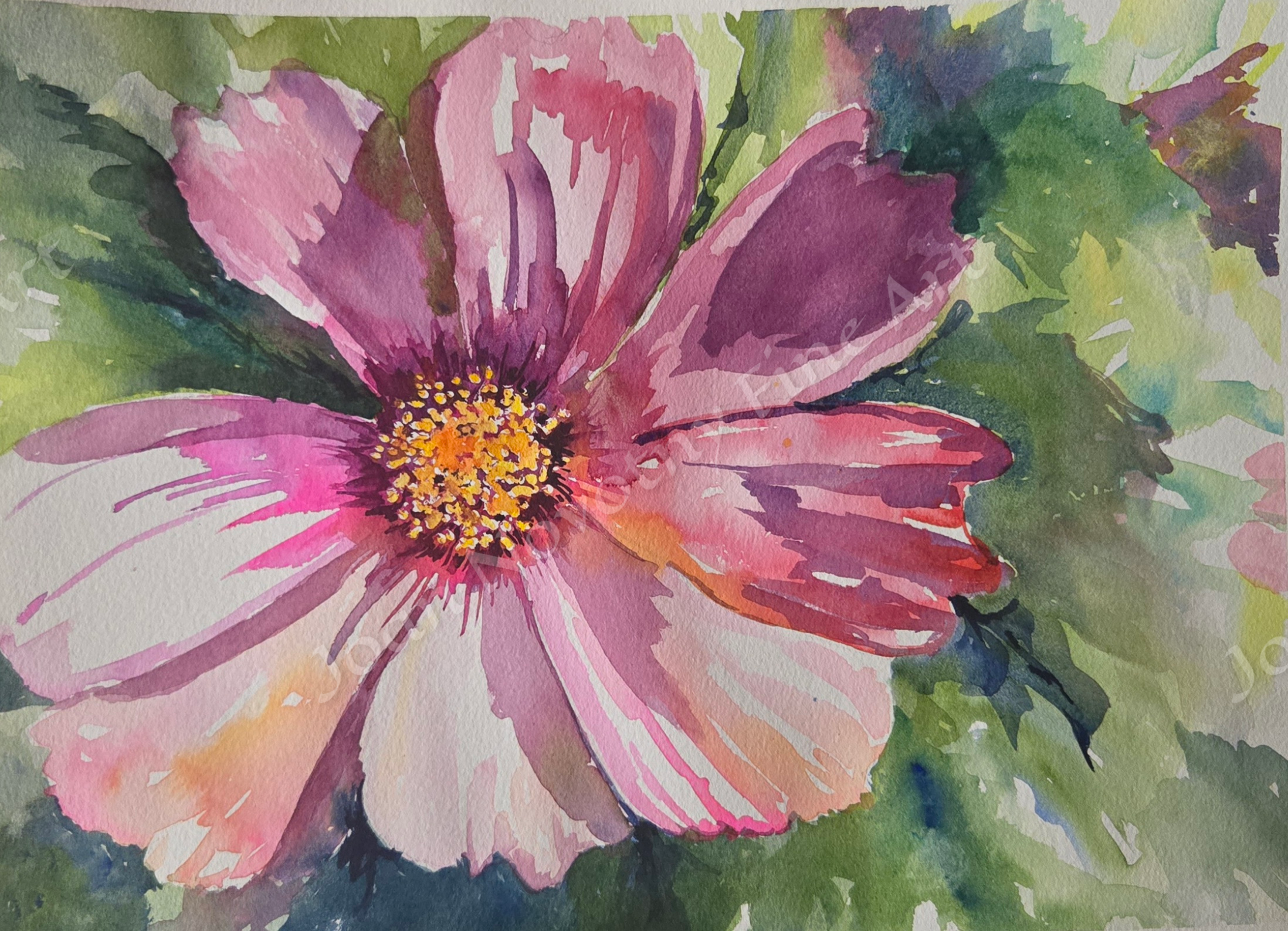 A watercolor painting of a pink flower with a yellow and dark center, surrounded by green foliage.