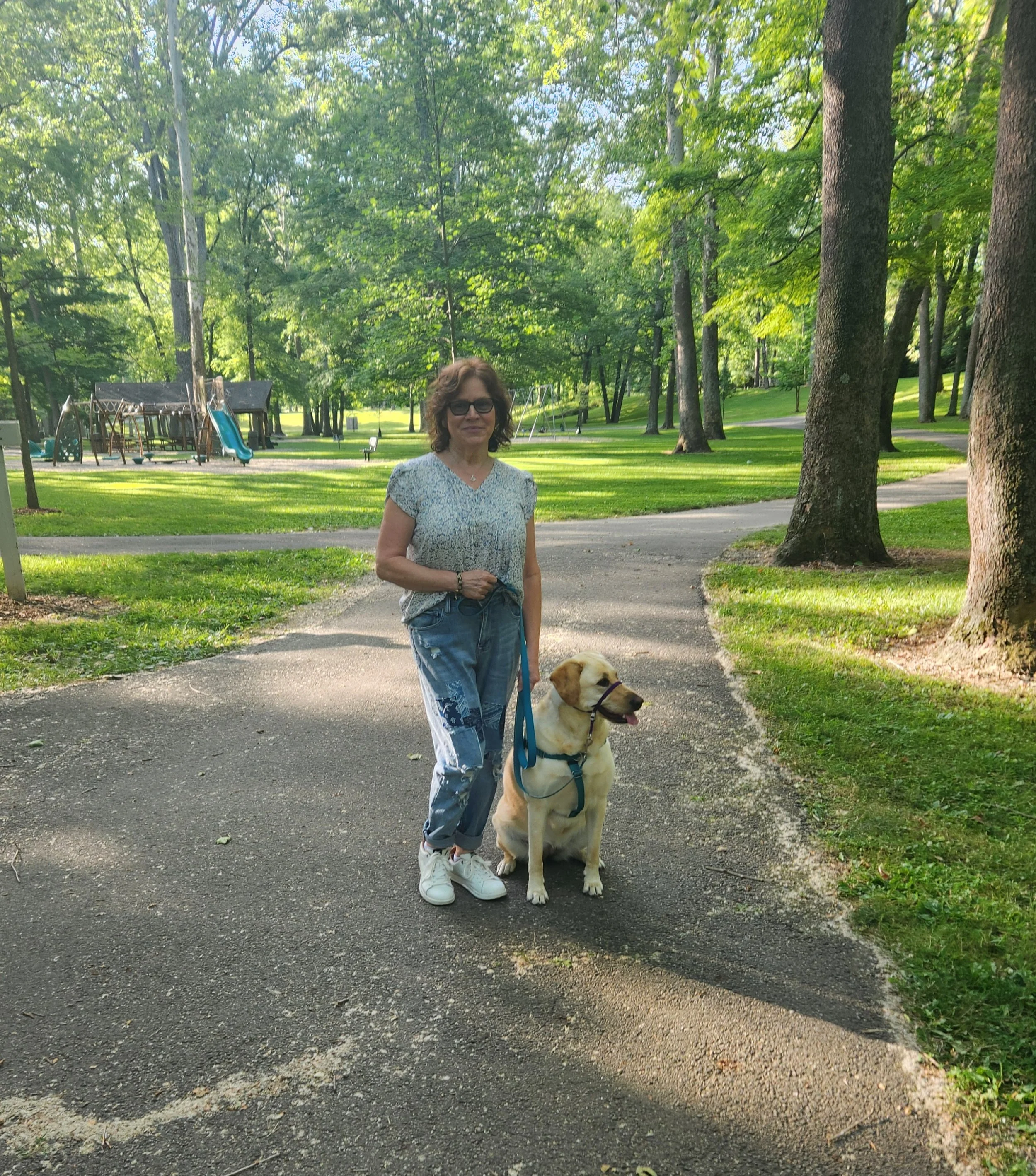 Woman walking her dog in a park with green trees and a playground in the background.