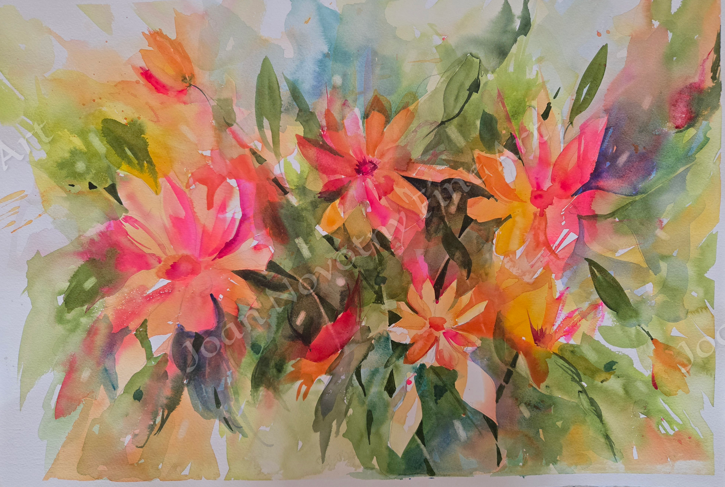 Watercolor painting of pink, orange, and yellow flowers with green leaves.