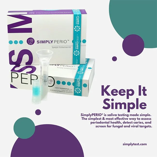 Image of a SimplyPERIO saliva test collection kit with a test tube, accompanied by a pamphlet. The text emphasizes keeping it simple and describes the product as a saliva test for periodontal health, cavity detection, and fungal and viral targets.