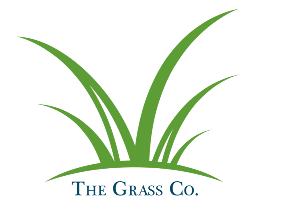 Green grass blades growing from soil with the text 'The Grass Co.' underneath.