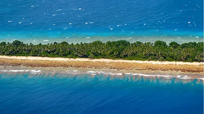 Aerial view of a tropical island with green trees surrounded by blue ocean water and sandy beaches.